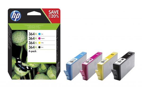 HP Originale 364XL-blækpatroner med høj kapacitet, sort/cyan/magenta/gul, 4-pak