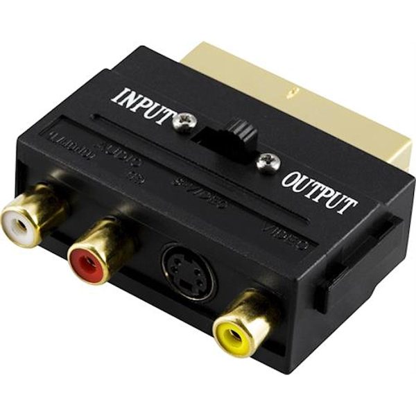 Adapter, SCART han til 3xRCA+S-Video, Ind-/Ud-switch, guldpetteret stik