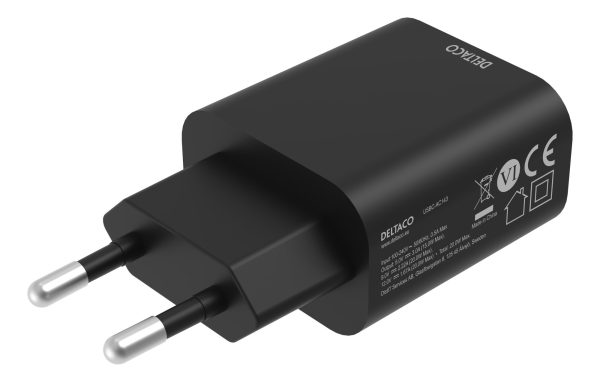 DELTACO USB-C wall charger, 1x USB-C PD, 20 W, black