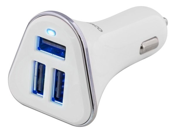 DELTACO car charger, 5,2A, 3xUSB Type A, 12-24V DC input, white/silver