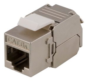 DELTACO Cat6A shielded Keystone jack, toolless clamp termination, plastic, white/metall