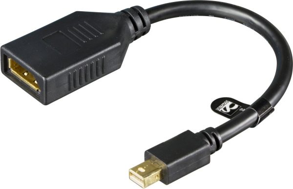 DELTACO DisplayPort-adapter, Mini DisplayPort 20-pin han til DisplayPort 20-pin hun, guldbelagt stik, ledning af ren kobber, 0,2m, sort