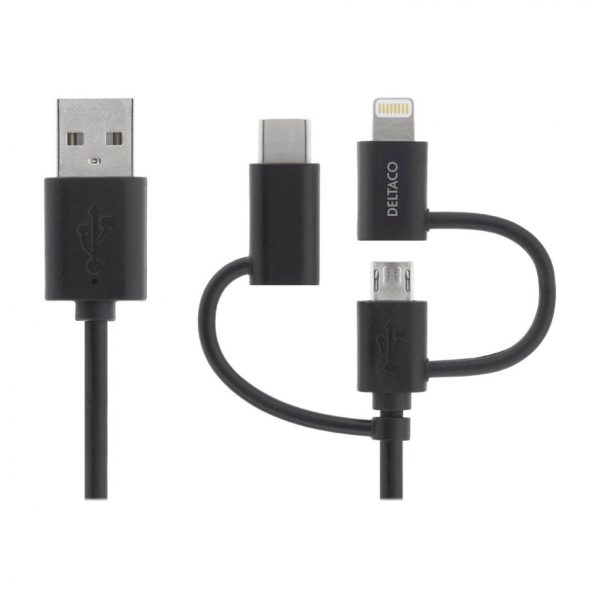 DELTACO Universal Charge and Sync cable, 2m, Micro USB, USB-C, Lightni