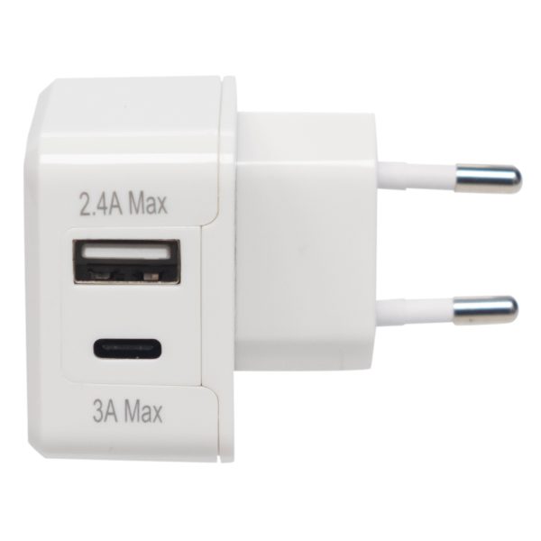 Sinox iMedia 230V dobbelt USB oplader. USB A 2,4A + USB C 3,0A. Hvid