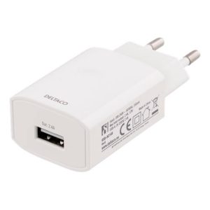 DELTACO USB wall charger, 1 pcs, 2,4 A, white
