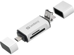 Sandberg Card Reader USB-C+USB+MicroUSB, Card Reader USB-C+USB+MicroUSB, MicroSD (TransFlash), SD, Silver, USB, 1 pc(s), 80 mm, 16 mm