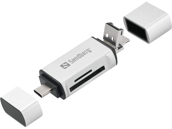 Sandberg Card Reader USB-C+USB+MicroUSB, Card Reader USB-C+USB+MicroUSB, MicroSD (TransFlash), SD, Silver, USB, 1 pc(s), 80 mm, 16 mm
