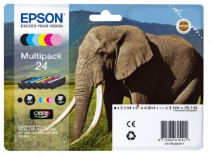 Epson Elephant Multipack 24 blækpatron 6 stk Original Standard udbytte Sort, Blå, Lys cyan, Magenta, Lys magenta, Gul