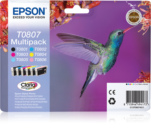 Epson Hummingbird T0807 blækpatron 1 stk Original Sort, Blå, Lys cyan, Lys magenta, Magenta, Gul